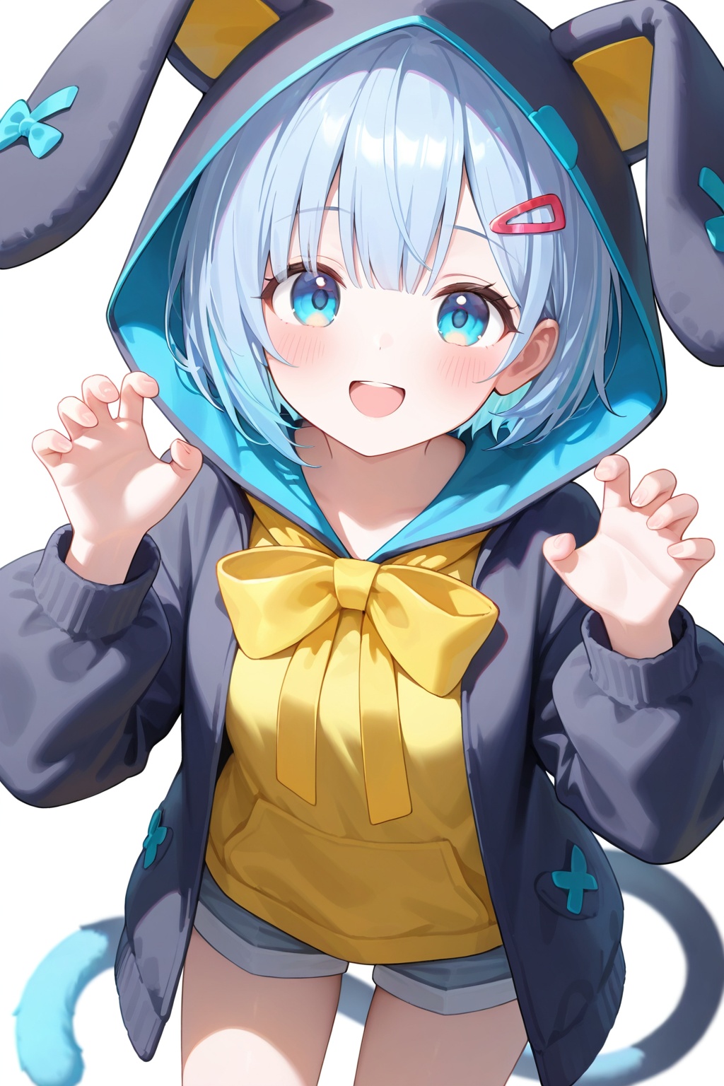 1girl, solo, looking at viewer, blush, smile, short hair, open mouth, blue eyes, hair ornament, long sleeves, white background, bow, animal ears, blue hair, tail, shorts, hairclip, hood, hoodie, animal hood, claw pose