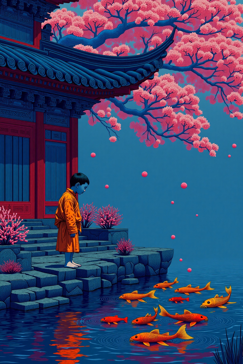 beijihui,a barefoot child monk feeding koi in a temple pond,falling plum blossoms,calm and serene Zen mood,