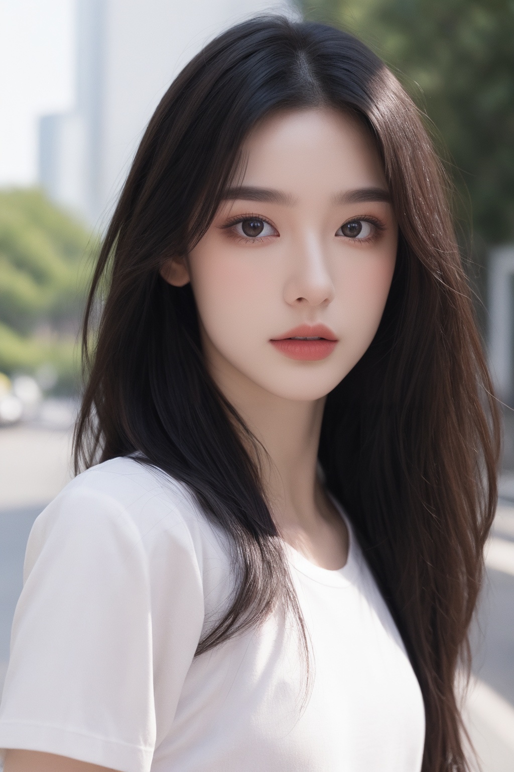 1girl, black hair, brown eyes, building, lips, long hair, looking at viewer, nose, outdoors, realistic, road, shirt, short sleeves, solo, upper body, white shirt  <lora:国际超模脸:0.66>