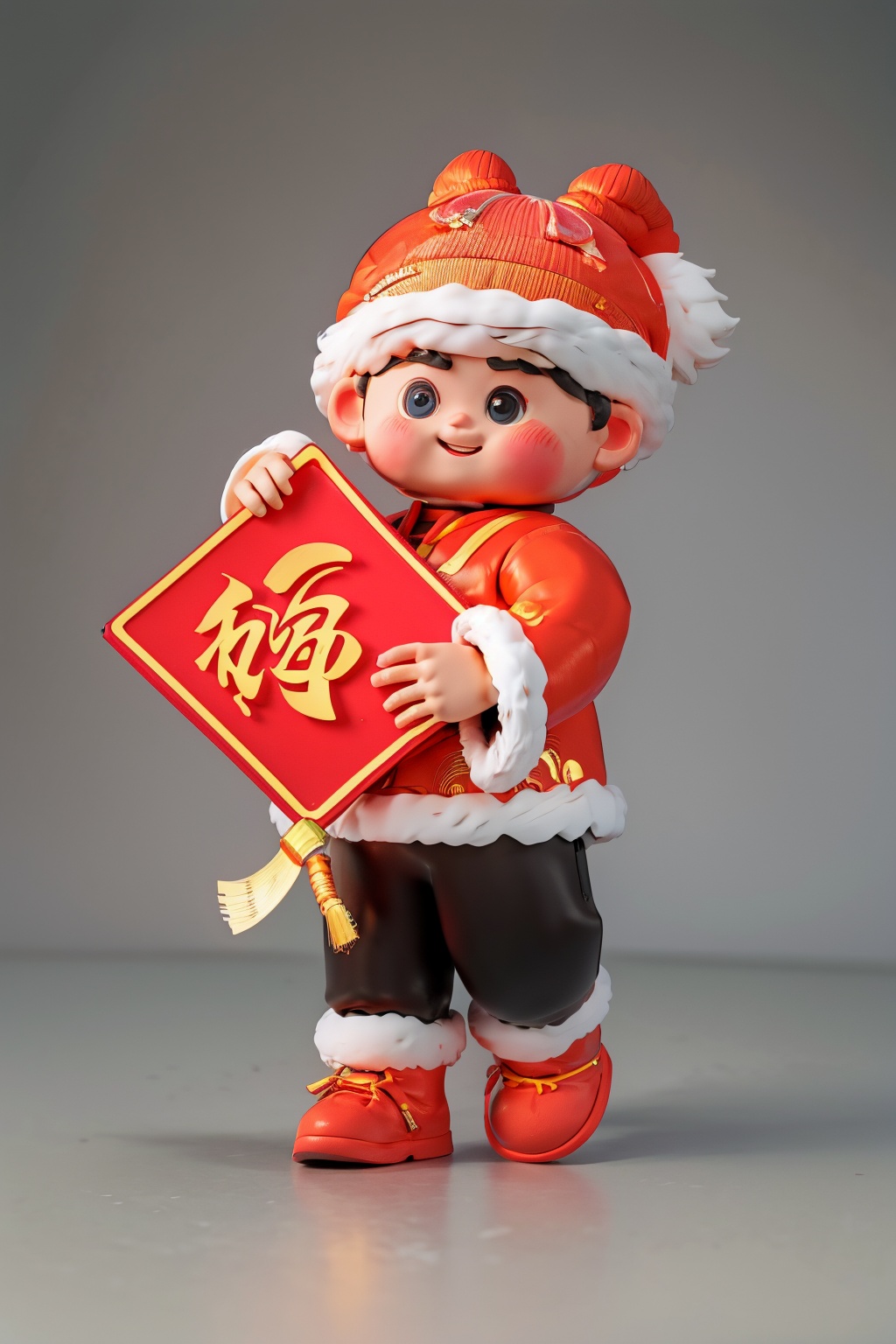 masterpiece,best quality,<lora:龙IP表情包_v1.0:1>,NY_BQB,1boy,male focus,solo,smile,chinese new year,hat,fur trim,looking at viewer,standing,simple background,pants,full body,