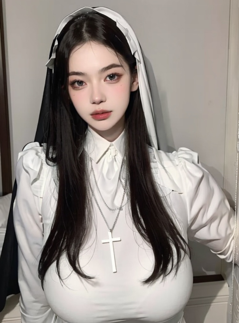 (masterpiece, best quality:1.4),finely detailed,1girl,solo,pale skin,perfect body,glossy skin,(Supergiant huge breasts:1.2),nun,habit,black eyes,long hair,cross,necklace,jewelry,cross necklace,looking at viewer,simple background,realistic,lips,veil,STANCE,indoor,hotel,room,(1 breast),white romper, <lora:eula-000006:0.8>