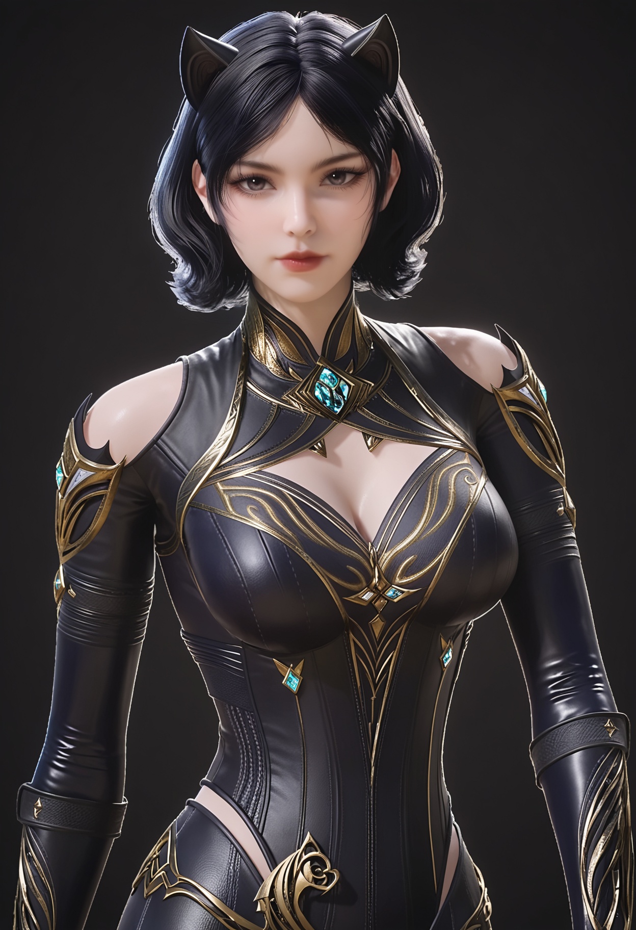 perfect_anatomy,(score_9:1.1),(upper_body:1.1),looking_at_viewer,<lora:YQ_pony_zhulu_V2:0.8>,1girl,q1528437228,solo,black hair,short hair,breasts,clothing cutout,animal ears,cat ears,bodysuit,gloves,cleavage cutout,black eyes,cleavage,black bodysuit,realistic,red lips,thighhighs,black gloves,gem,boots,perfect_anatomy BREAK (perfect_anatomy:1.1),mature female,(simple background,pure black background,black background:1.1),(shiny_skin),(Ivory_skin:1.1),(cinematic lighting),