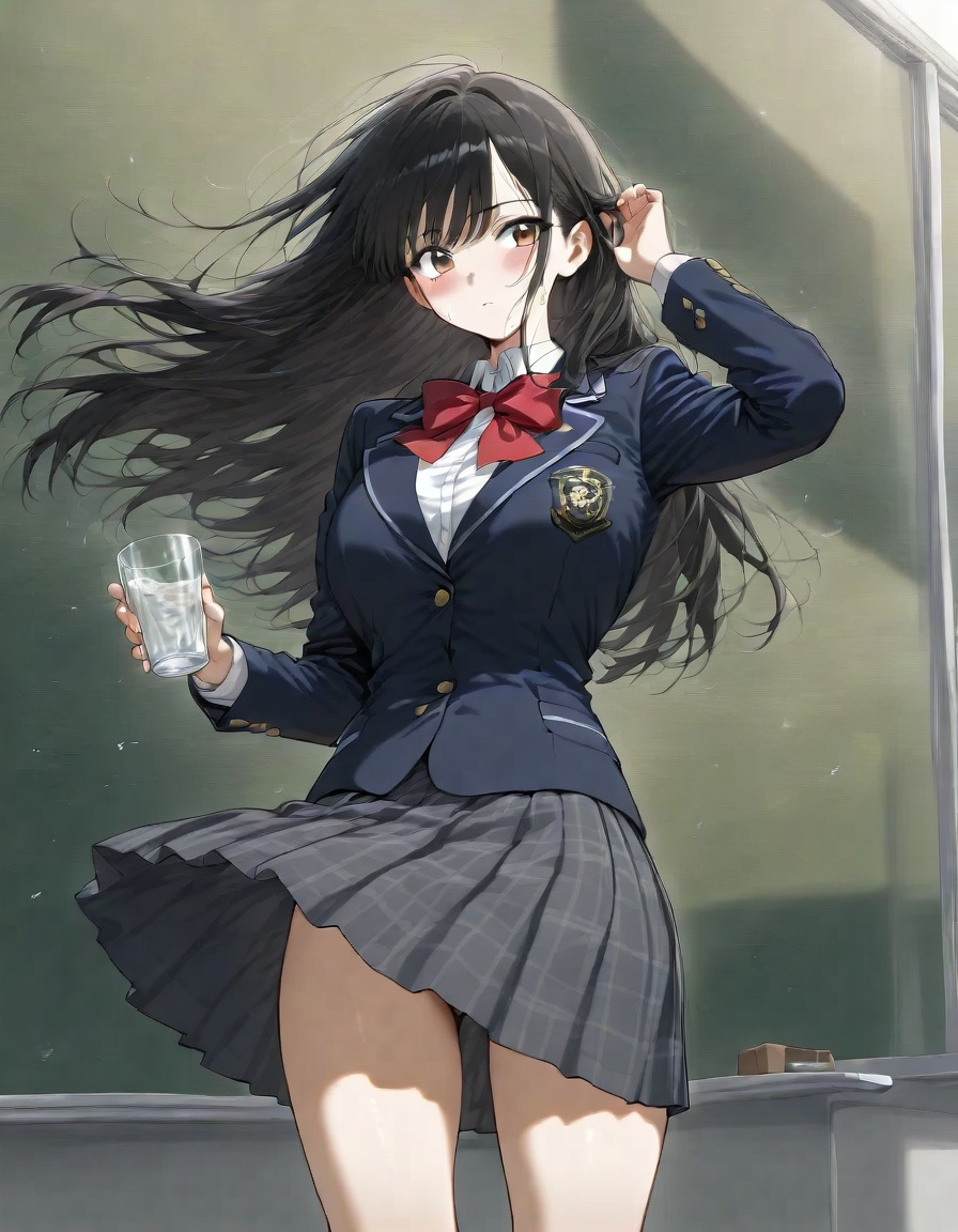 score 9,score 8 up,score 7 up,1girl,solo,black hair,(school_uniform:1.2),standing,(wind:1.2),(looking_afar:1.2),(looking_away:1.2),Detail enhancement,glass,adjusting_hair,