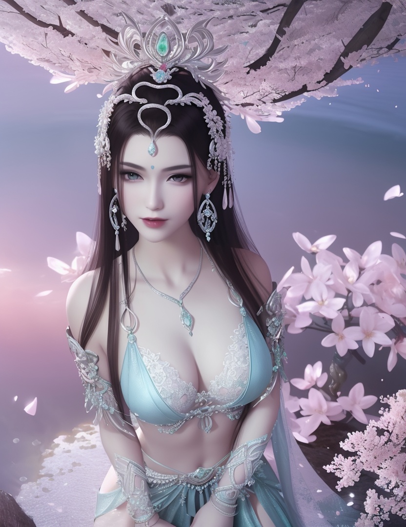 ultra realistic 8k cg, picture-perfect face, flawless, clean, masterpiece, professional artwork, famous artwork, cinematic lighting, cinematic bloom, perfect face, beautiful face, fantasy, dreamlike, unreal, science fiction , beautiful clothes, lace, lace trim, lace-trimmed legwear,  (rich:1.4), prestige, luxury, jewelry, diamond, gold, pearl, gem, sapphire, ruby, emerald, intricate detail, delicate pattern, charming, alluring, seductive, erotic, enchanting, hair ornament, necklace, earrings, bracelet, armlet,halo((,1girl, pov,))  (((1girl, solo,spring \(season\),cherry blossoms, large breasts,  looking_at_viewer ,chest jewel,  )))    <lora:DA_NSH_XLZH:0.6>