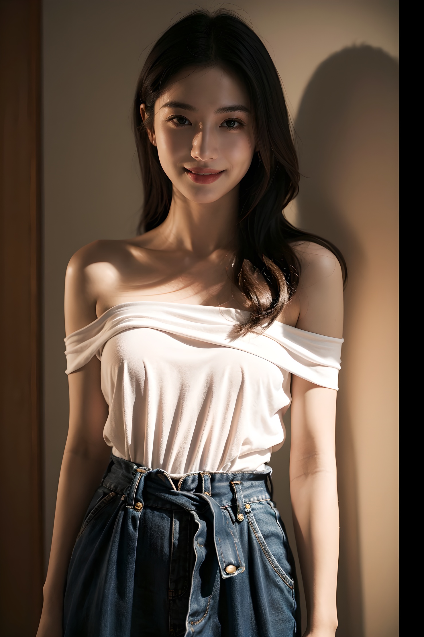1girl, offshoulder, smile, cute, waist up, deep shadow, in the dark, low key.best quality, masterpiece, (photorealistic:1.4) .