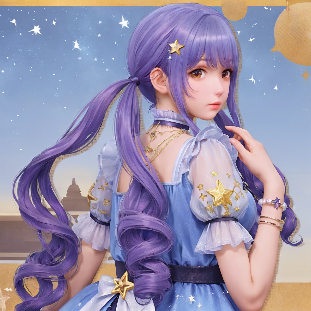 <lora:暖暖-缩小套a:0.7>,nikki,1girl,long hair,twintails,hair ornament,brown eyes,dress,purple hair,short sleeves,bangs,puffy sleeves,closed mouth,puffy short sleeves,lips,blue hair,jewelry,bracelet,see-through sleeves,blue dress,star (symbol),(looking back),looking at viewer,upper body,purple_background,