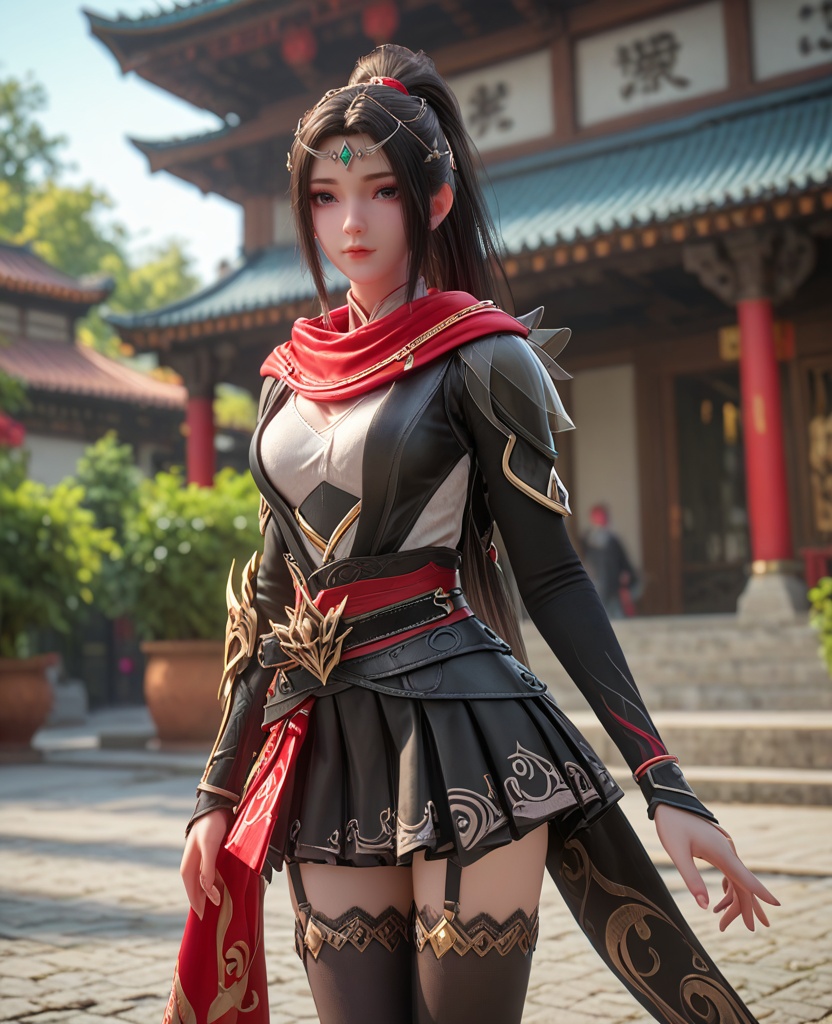 (oriental architecture, elegant decor, sophisticated style:1.1),(having a phone call:1.1),(breasts:1.2),<lora:XL百炼成神朱千凝:0.8>,miss zhuqianning,black hair,scarf,ponytail,long hair,armor,breasts,hair ornament,brown hair,skirt,black thighhighs,circlet,, zPDXL2, score_9, score_8_up, score_7_up BREAK realistic, masterpiece,best quality, highly detailed,, zPDXL3, zPDXL2,zPDXL, zPDXLxxx, zPDXLrl,