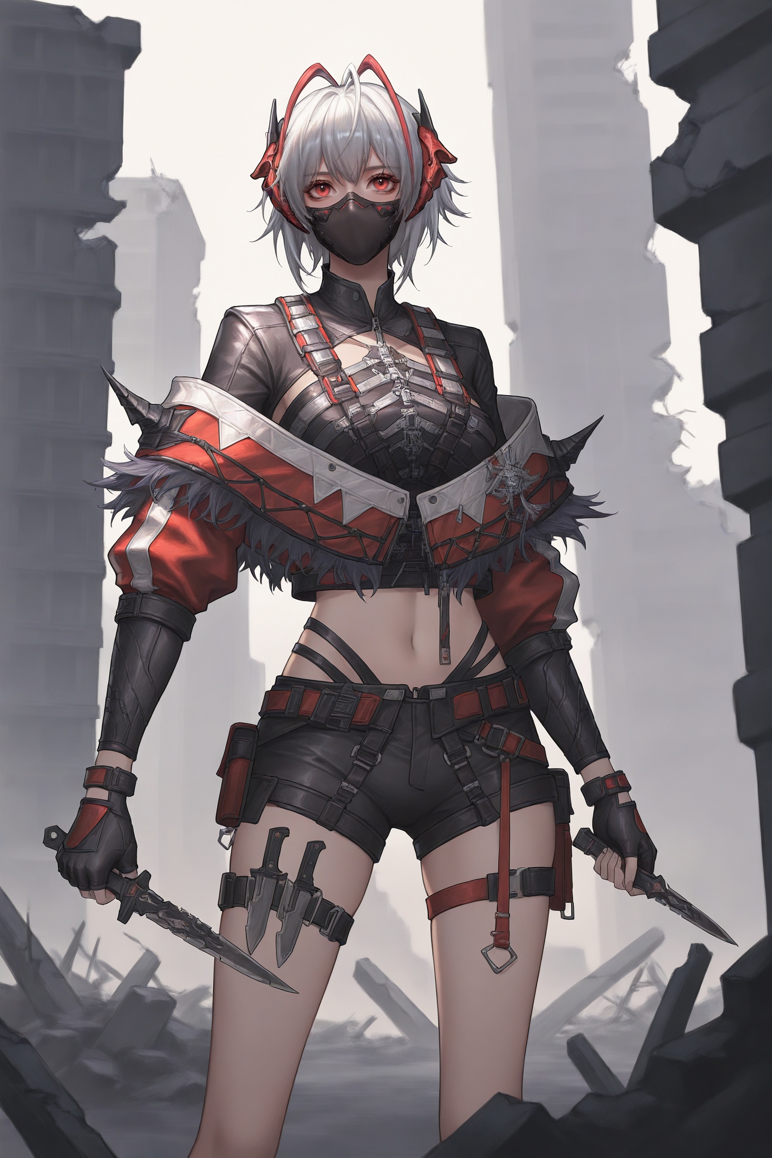 <lora:光辉V1麦晓雯维什黛尔角色:0.8>,maixiaowenew,1girl,solo,short hair,mask,mouth mask,w \\(arknights\\),horns,jacket,red eyes,grey hair,antenna hair,white hair,fingerless gloves,black shorts,midriff,navel,thigh strap,crop top,ruins,holding_knife,