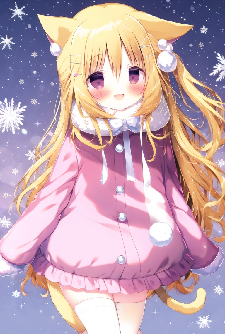 1girl,blonde hair,animal ears,solo,tail,long hair,thighhighs,smile,blush,frills,hair ornament,cat ears,white thighhighs,mittens,cat tail,fur trim,open mouth,looking at viewer,dress,cat girl,one side up,pink dress,hairclip,long sleeves,animal ear fluff,sleeves past wrists,coat,purple eyes,:d,frilled dress,hair between eyes,bangs,frilled thighhighs,snowflakes,pink capelet,pink coat,sleeves past fingers,