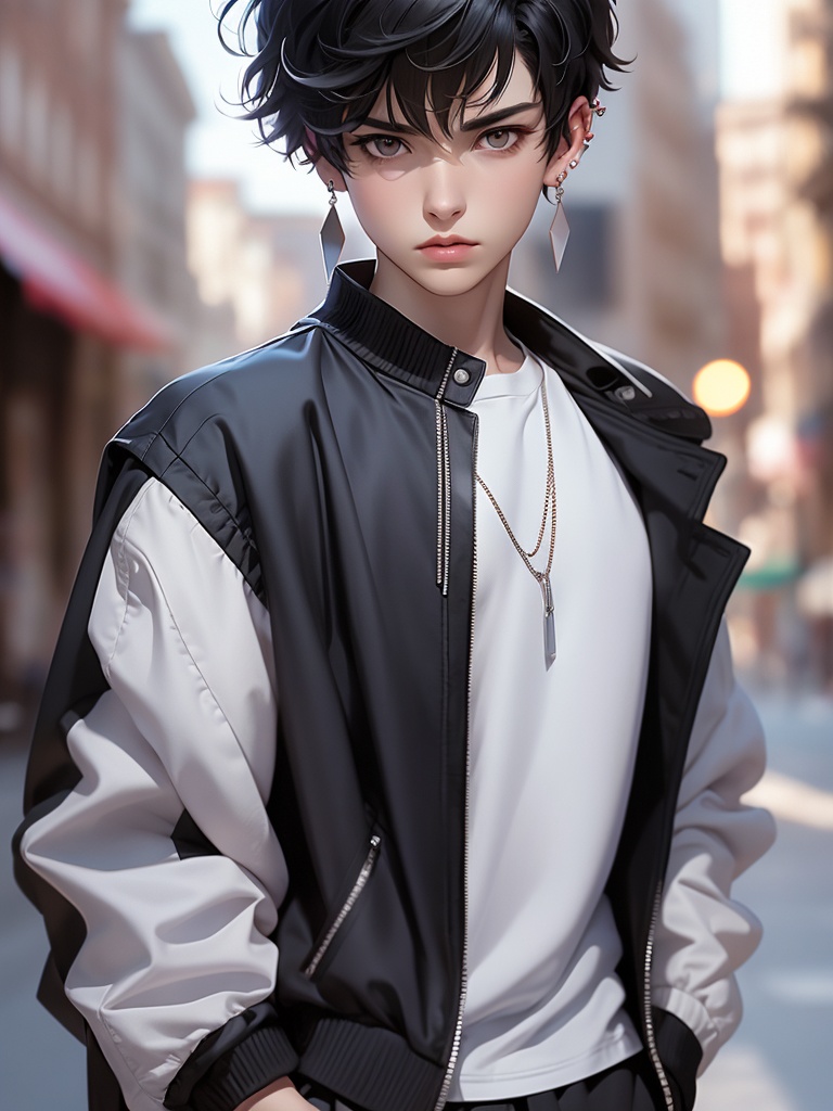 CG,solo,blurry background,shirt,short hair,looking at viewer,male focus,jacket,1boy,jewelry,blurry,white shirt,black hair,earrings,upper body,collared shirt,closed mouth,outdoors,hands in pockets,bangs,lips,black jacket,day,artist name,jacket on shoulders,realistic,ear piercing,