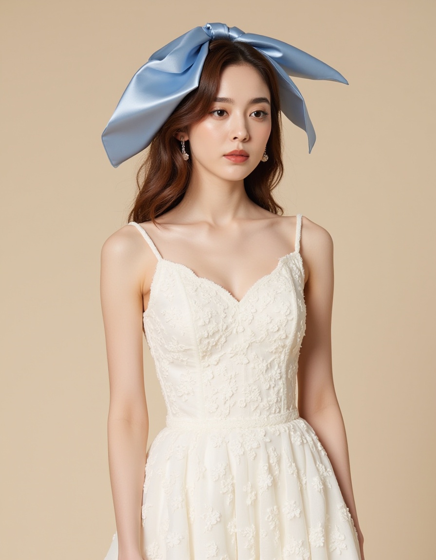 A photograph features a young Asian woman with fair skin and a slender build. She has wavy, light brown hair adorned with a large, satin blue bow. Her makeup is subtle, with a natural look. She wears a white, sleeveless, textured dress with delicate floral patterns. Her expression is calm and serene as she gazes slightly to the side. The background is a plain, light beige, ensuring the focus remains on her. The image has a soft, dreamy quality, emphasizing elegance and innocence.