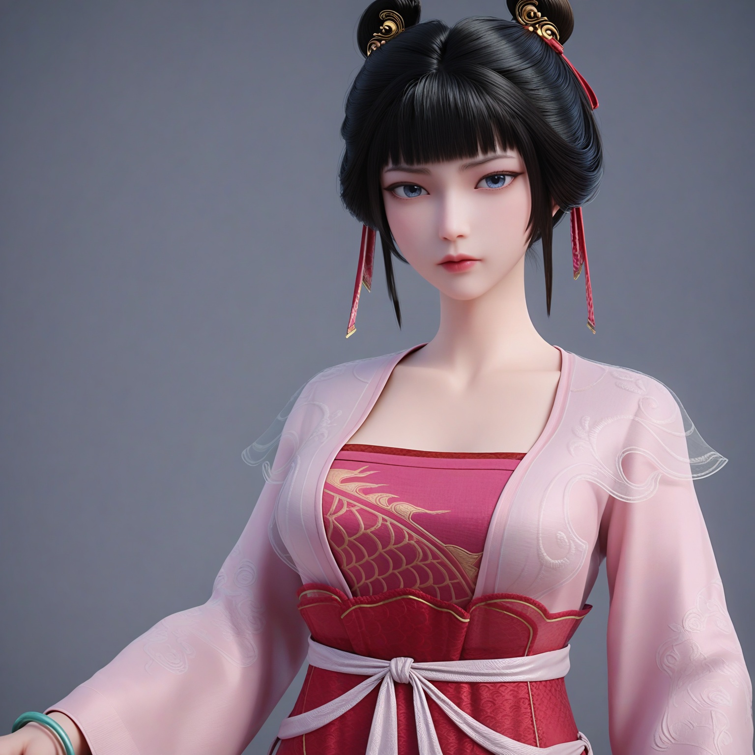 (upper_body:1.1),(huge breasts:0.9),41.<lora:YQponyziguiV2:0.8>,q1528437228,solo,1girl,black_hair,chinese_clothes,realistic,hair_ornament,hair_bun,bangs,brown_eyes,long_sleeves,blunt_bangs,jewelry,dress,see-through,bracelet,hanfu,ribbon,hair_ribbon,single_hair_bun,black_eyes,korean_clothes,short_hair,double_bun,brown_hair,sash,hanbok,wide_sleeves,earrings,collarbone,red_ribbon,blue_eyes,japanese_clothes,pink_dress,pink_ribbon,sidelocks,bangle,,blush,(looking_at_viewer:1.1),BREAKintricate details,shiny_skin,solo focus,(blurry background:1.1),(depth of field:1.1),perfect_anatomy,(cinematic lighting:0.9),(volumetric lighting:0.9),(simple background,pure black background,black background:1.1),