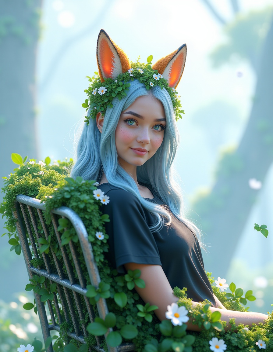 A photo-realistic shoot from a close-up camera angle about a chair covered in green moss with small white flowers and green leaves,set against a blurry,misty forest background. the image also shows a whimsical and dreamy atmosphere. on the center of the image,a chair appears to be made of metal,with a moss-covered seat and back. the chair has a rustic,weathered appearance,and the chair is positioned in the middle of the frame. on top of the chair,there are small,white flowers with green leaves and small,delicate petals. the flowers are arranged in a circular pattern,with some overlapping each other. the background is blurred,with soft,diffused light filtering through the trees,creating a dreamy and ethereal atmosphere.A digital illustration shoot from a profile camera angle about a stylized illustration of a woman with a fox-like head and flowing hair, set against a white background with abstract blue splatters. the image also shows a young woman, who appears to be in her early twenties, with light skin, blue eyes, and a slender physique, wearing a simple black shirt. she is positioned in the middle of the image, facing the viewer with her eyes looking to the side. her hair is styled in a long, flowing manner, with blue and white streaks running down her back. on her head, there is a fox with a long tail and glowing orange eyes, its head is tilted slightly upwards, giving a sense of movement. the woman's expression is calm and serene, with parted lips and a slight smile. the background is a simple white, with a few splashes of blue paint around her, adding to the overall sense of realism and fantasy.<lora:花开时间(1):1>,