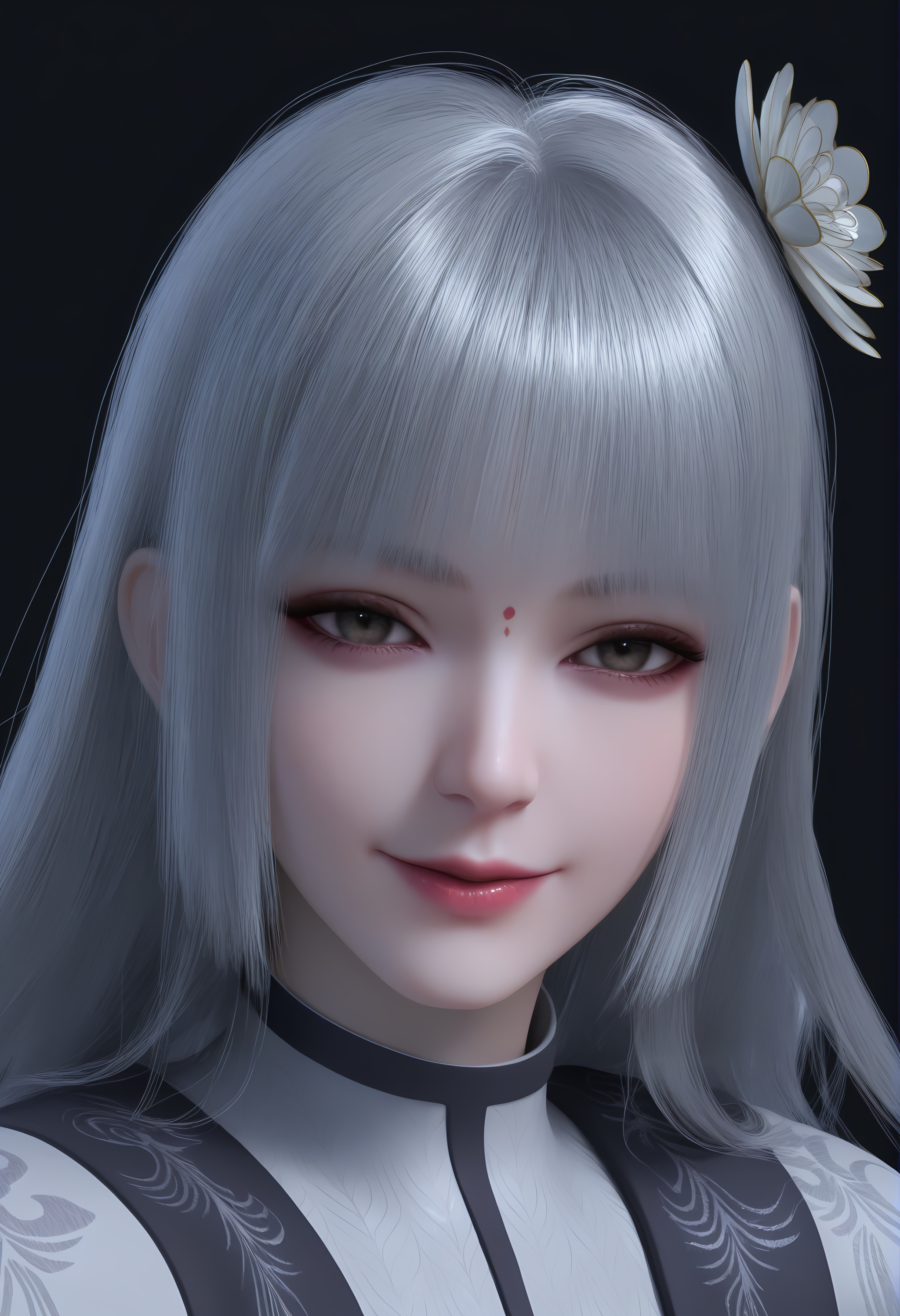(score_9),portrait,(close-up),solo focus,(eye focus),<lora:苏红息-apony:0.86>,shuxihong,1girl,solo,red dot,long hair,silver hair,hair ornament,hair flower,bangs,single_flower,mature_female,BREAK<lora:Expressive_H-000001:0.8>,light blush,Expressiveh,looking at viewer,seductive_smile,fair_skin,(pale skin),ultra-detailed skin texture,detailed textures,BREAKsimple background,black background,<lora:e色温:0.25>,4K ultra HD,sharp focus,high detail,high contrast,