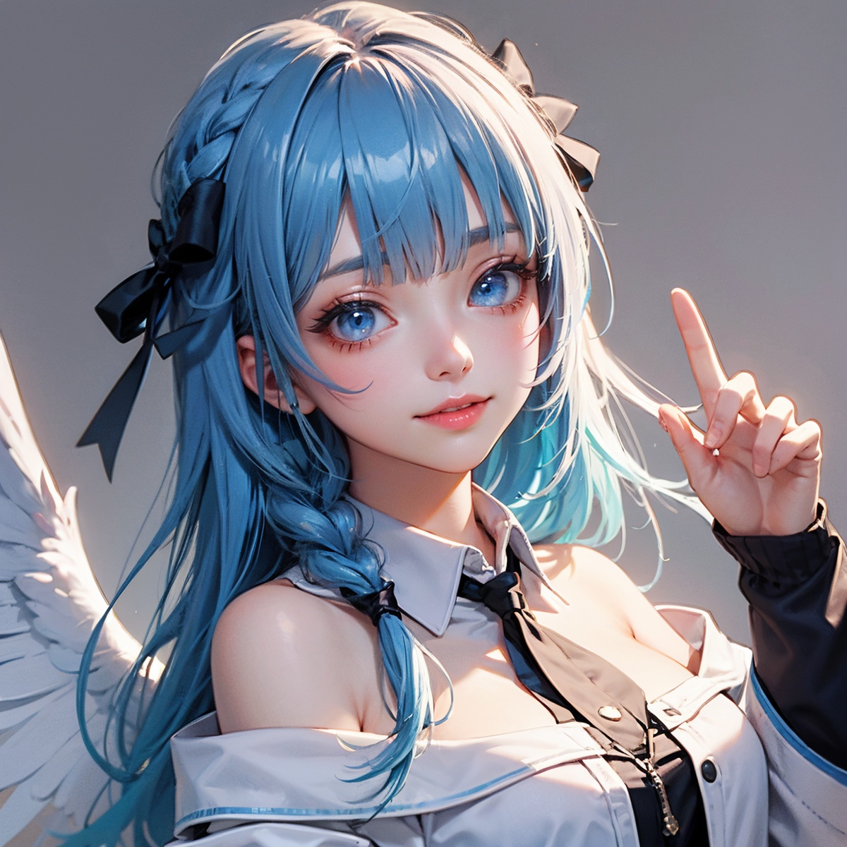 1girl,solo,blue eyes,long hair,blue hair,multicolored hair,wings,smile,v,pink hair,looking at viewer,off shoulder,shirt,jacket,upper body,bangs,white jacket,braid,white background,white shirt,virtual youtuber,long sleeves,collared shirt,streaked hair,bare shoulders,simple background,angel,hand up,angel wings,
