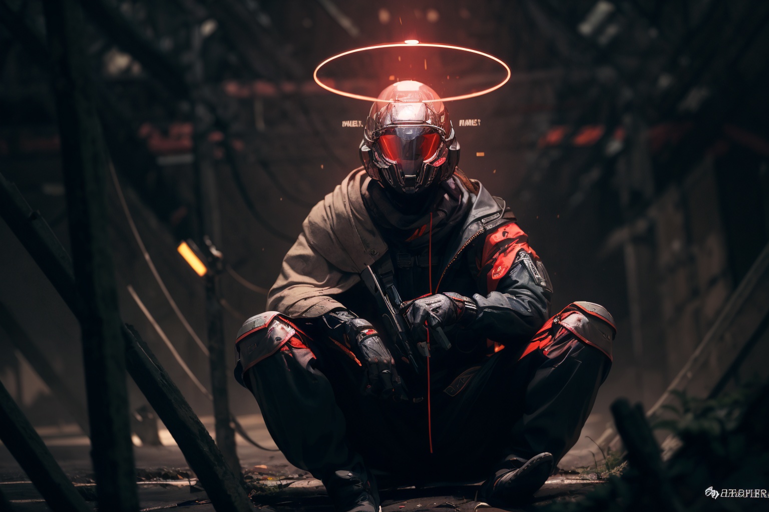 -sitting, 1boy, solo, halo, male focus, gloves, helmet, weapon, glowing, hood, 1other, pants, black gloves,<lora:Apocalypse Aso_20240119162949:1>,Apocalypse Aso,