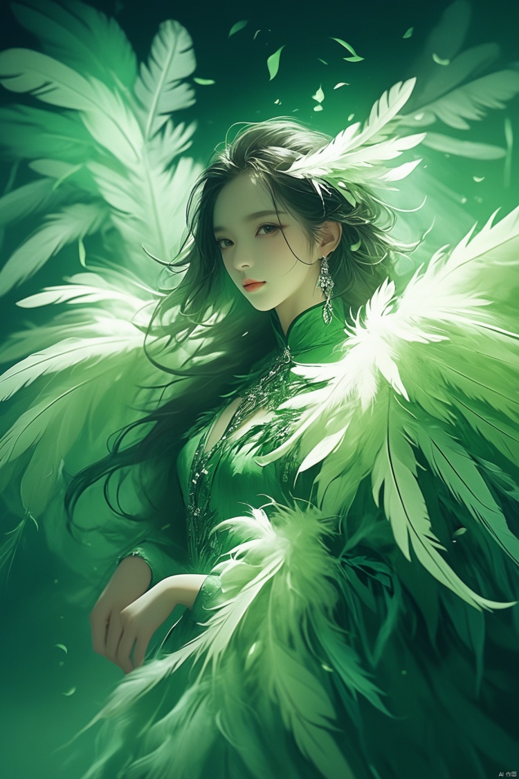 1girl,a gorgeous long dress made of feathers,green feather,huge feathers,complex background,beautiful background,(feathers everywhere:1.3),depth of field level, liuyifei