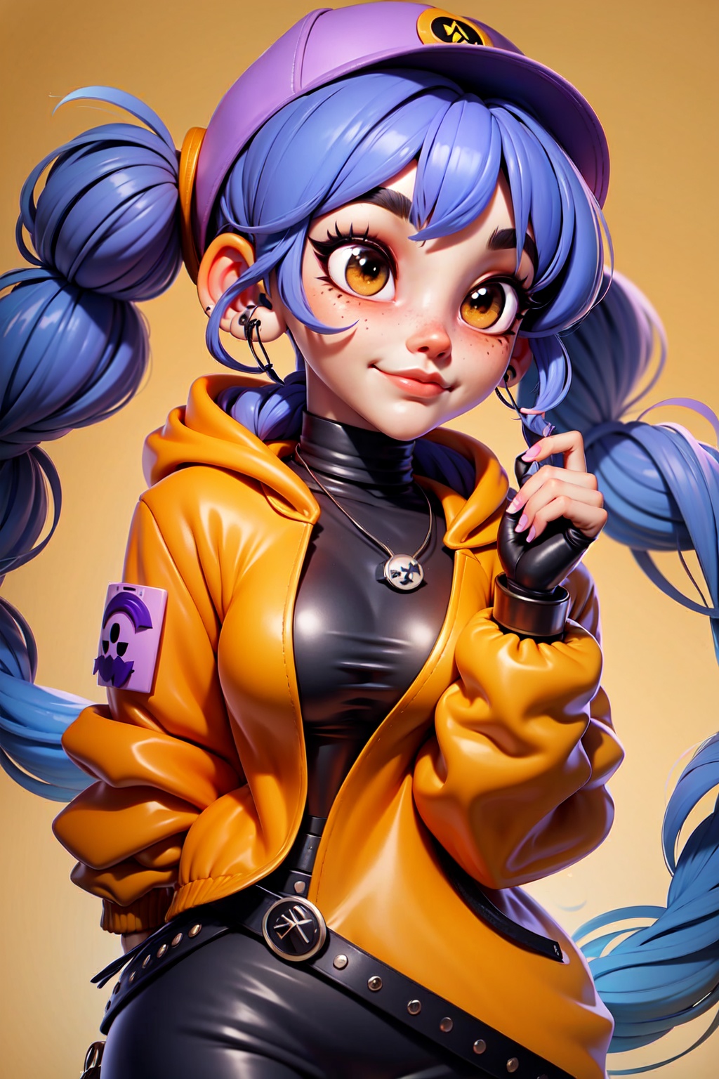 1girl, solo, twintails, jacket, hat, jewelry, mask, earrings, baseball cap, bangs, looking at viewer, v, mouth mask, gloves, orange background, blue nails, nail polish, fingerless gloves, hood, purple hair, upper body, simple background, yellow jacket, ear piercing, piercing, blue hair, belt, yellow background, long sleeves, blunt bangs, hand up, drawstring, hood down, ring, masterpiece,best quality,