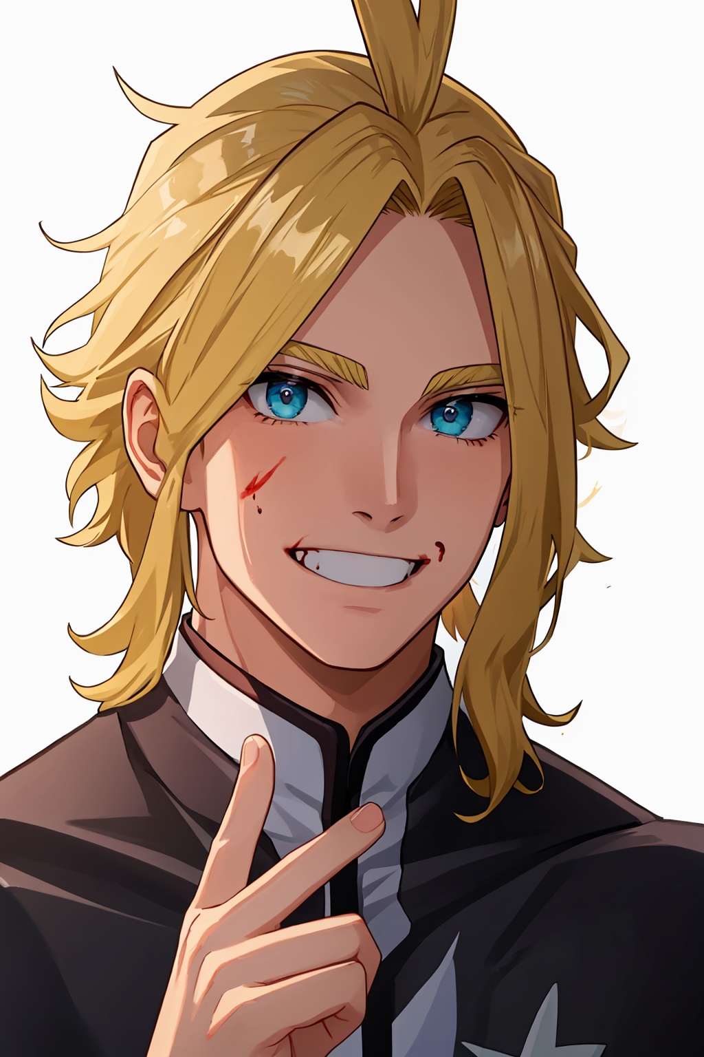 masterpiece,best quality, highly detailed, all might,1boy, solo, male focus, blood on face, portrait, bruise, teeth, grin, hand up, looking at viewer, simple background, shirt,<lora:all_might:1>