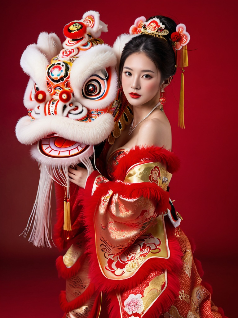 1girl,  big lion head,  bare shoulders on Tensor.Art