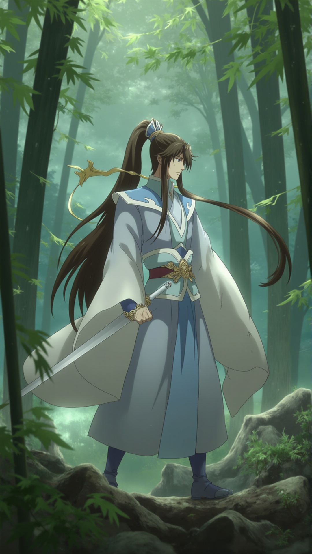 Swordsman,longsword,long_hair,white ancient costume,bamboo_forest,<lora:F1-baixiaochun:0.8>,