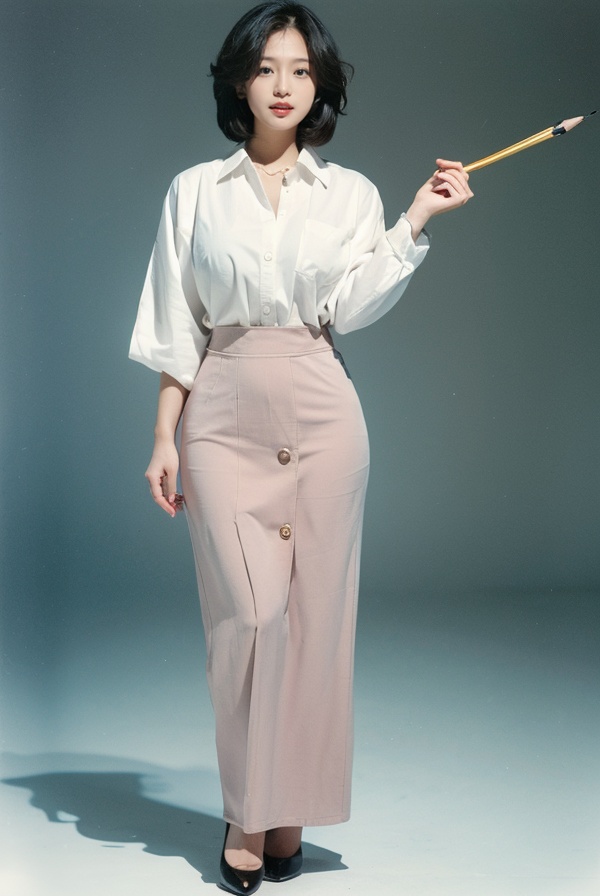 best quality,masterpiece,ultra high res,looking at viewer,simple background,huge breasts,pencil skirt,button-up shirt,classic pumps,<lora:epiczhong_lora:1>,
