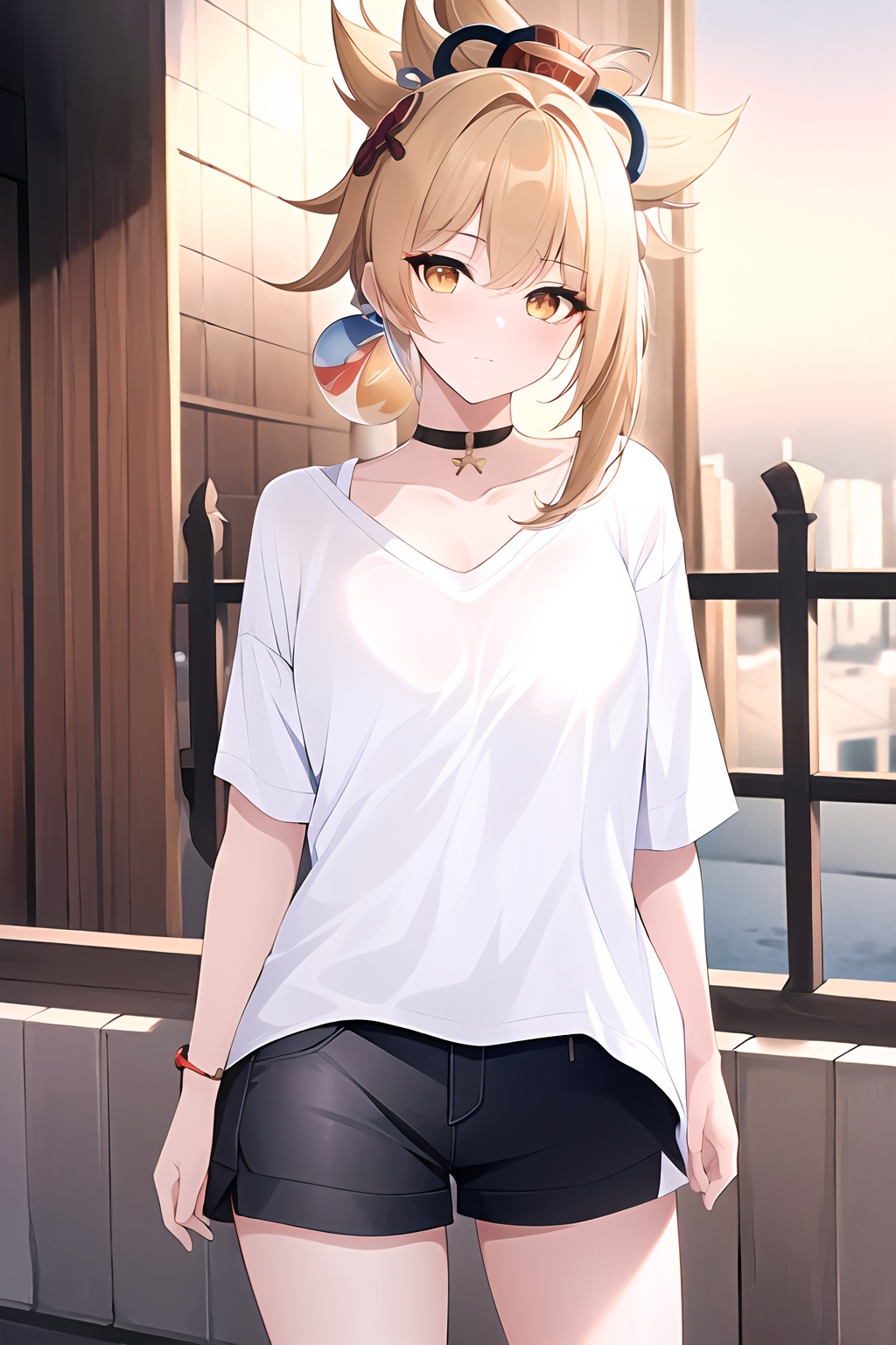 (masterpiece, best quality:1.2),insanely detailed,absurdres,ultra-highres,ultra-detailed,best quality,slender,kawaii,perfect symmetrical face,ultra cute girl,ultra cute face,ultra detailed eyes,ultra cute,ultra beautifu,<lora:Yoimiya-000001:0.8>,yoimiya \(genshin impact\),hair ornament,hadanugi dousa,yellow eyes,1girl,solo,shirt,white shirt,collarbone,short sleeves,t-shirt,off shoulder,oversized shirt,naked shirt,oversized clothes,shorts,outdoors,standing,