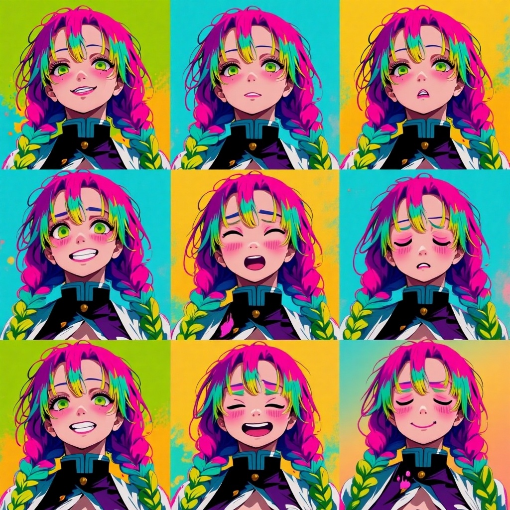 Create a 9-grid emoji pack featuring the character with rainbow-colored braided hair (pink,  green,  blue on Tensor.Art