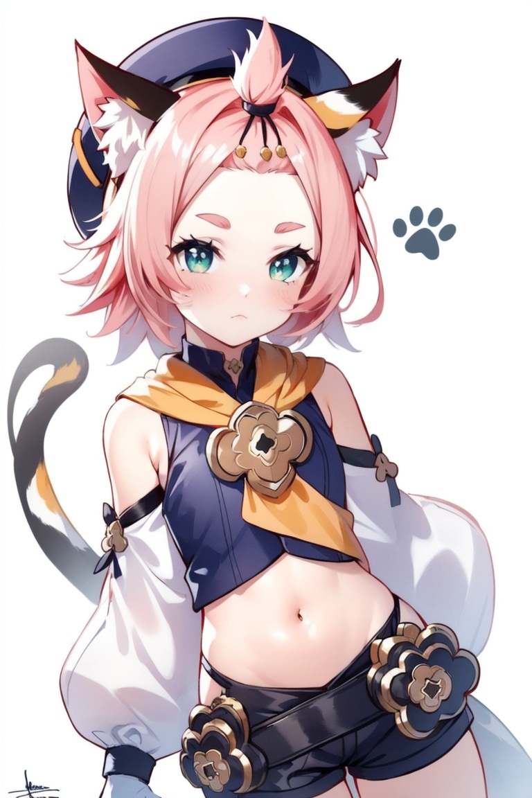 ((HRD, HUD, 8K)),((masterpiece, best quality)), highly detailed,Diona, 1girl, diona (genshin impact), puffy long sleeves, animal ears, solo, tail, shorts, puffy sleeves, cat ears, cat tail, animal ear fluff, thick eyebrows, long sleeves, white background, cat girl, forehead, pink hair, black shorts, shirt, closed mouth, hat, sleeveless shirt, detached sleeves, white shirt, white sleeves, blush, navel, short eyebrows, short shorts, white gloves, puffy shorts, bangs pinned back, signature, gloves, sleeveless, paw print, green eyes, looking at viewer, simple background, sleeves past wrists, black headwear, bangs, bare shoulders, beret, <lora:20240701-1719821584874:0.75>