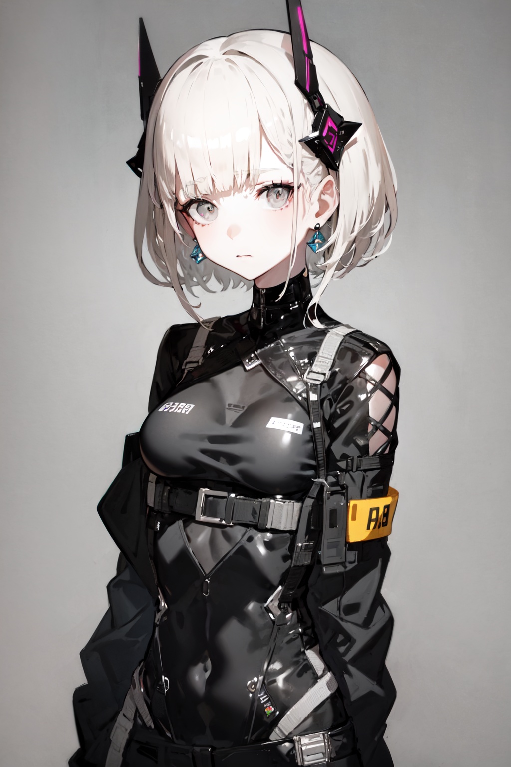 1girl, solo, white hair, looking at viewer, earrings, jewelry, grey background, grey eyes, simple background, headgear, upper body, closed mouth, bangs, short hair, blunt bangs, hair ornament, expressionless, bodysuit<lora:NecoStyle:1>, 
