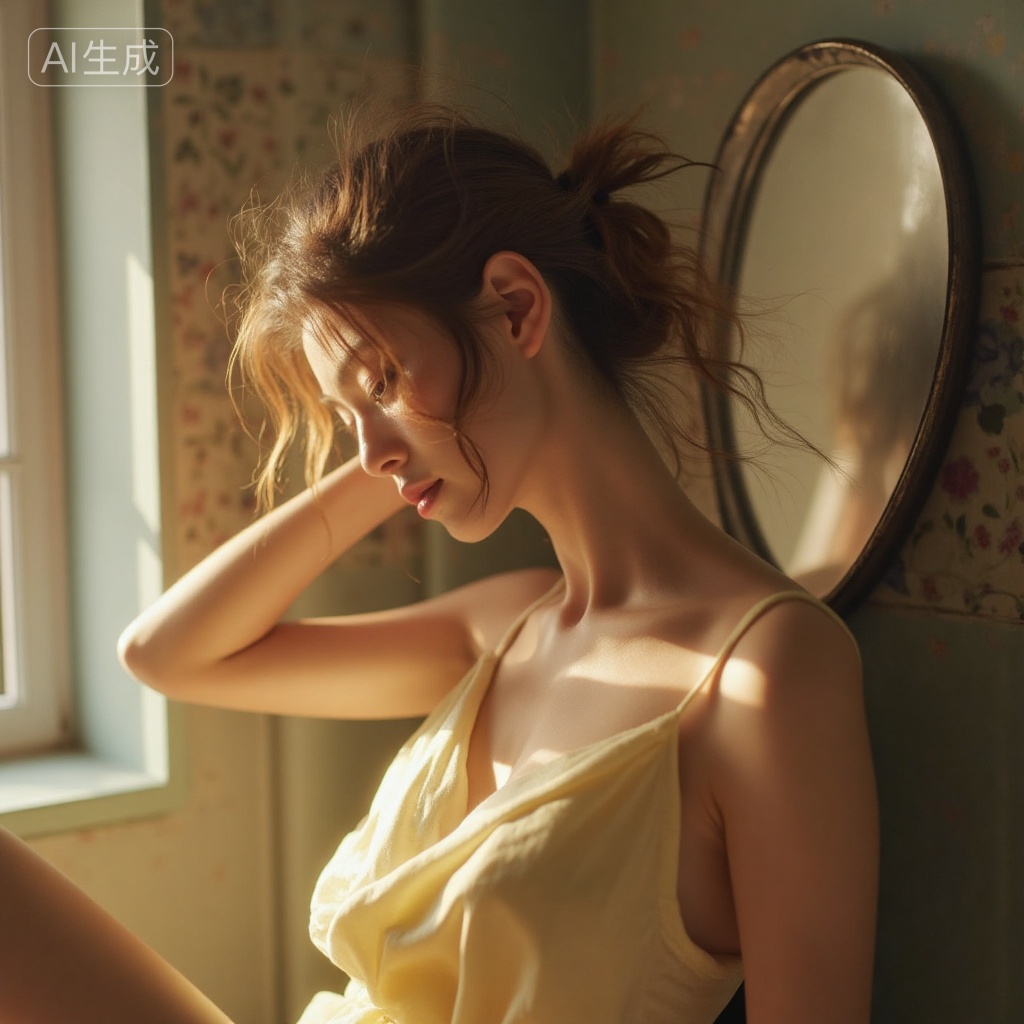 A woman in a light yellow camisole dress,with slightly messy hair,indoors,soft light and shadow,retro - styled mirror and patterned wall in the background,elegant and gentle,serene and artistic mood.,, Negative prompt: ng_deepnegative_v1_75t,(badhandv4:1.2),EasyNegative,(worst quality:2),,nsfw, Steps: 30, Sampler: Euler, CFG scale: 3.5, Seed: 3430402204, Size: 1024x1024, Model hash: 8cba4f1ef4, Model: F.1基础算法模型-哩布在线可运行_F.1-dev-fp8.safetensors, Denoising strength: 0, RNG: CPU, Lora 1: 20250913-1757780180322-0001, Lora Hash 1: 2c61ab8cf8, Lora Weight 1: 0.8, vae_name: automatic