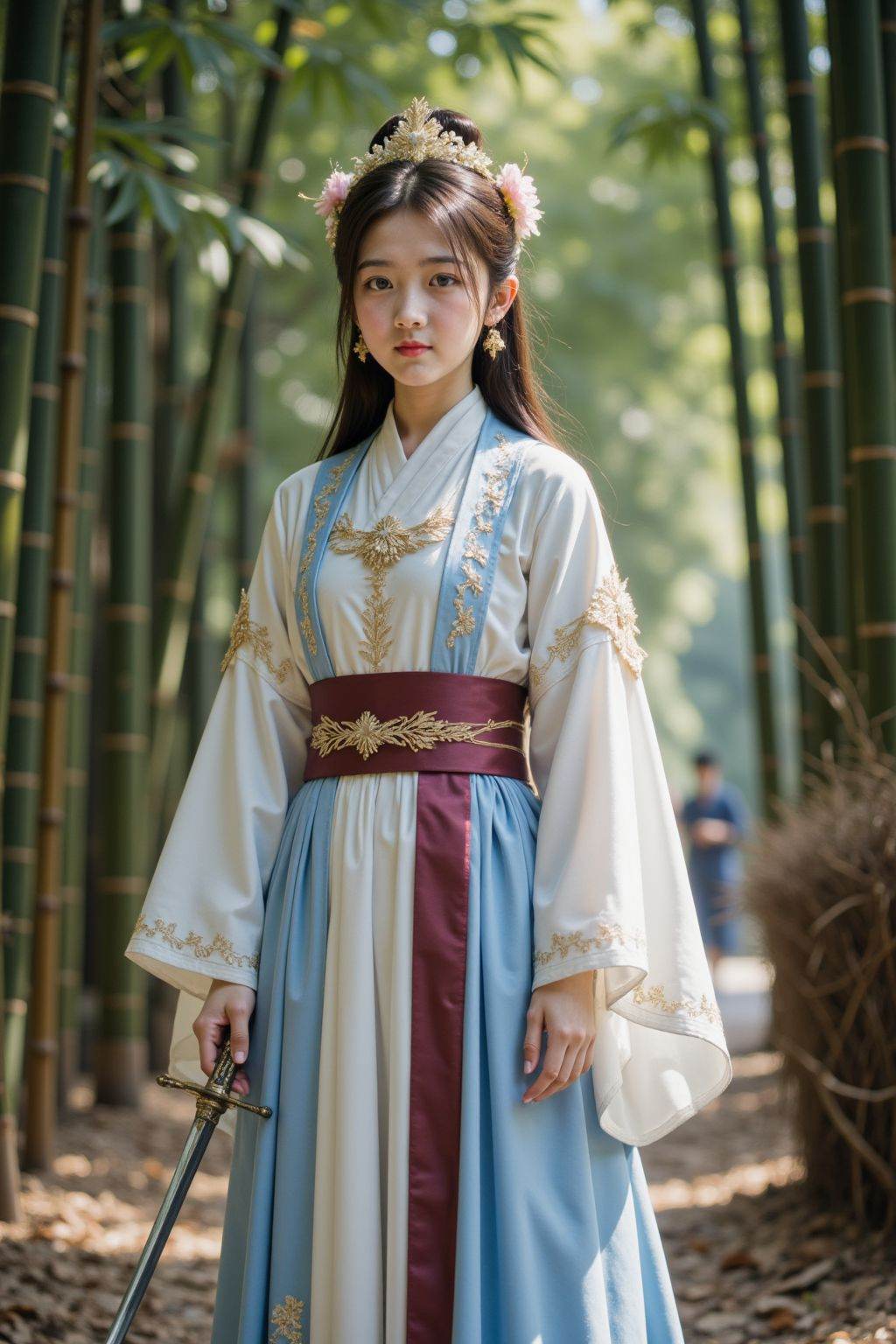 The image depicts a girl standing in a serene bamboo forest. The individual is dressed in an elegant, traditional outfit that appears to be inspired by historical or fantasy attire. The outfit consists of a flowing white and blue robe with intricate gold embroidery, a deep maroon sash around the waist, and a sword held in the right hand. The person also wears a delicate floral headpiece, adding to the regal appearance. The background features tall, slender bamboo stalks that create a natural, tranquil setting, with dappled sunlight filtering through the leaves. The ground is covered with fallen leaves, enhancing the autumnal atmosphere.