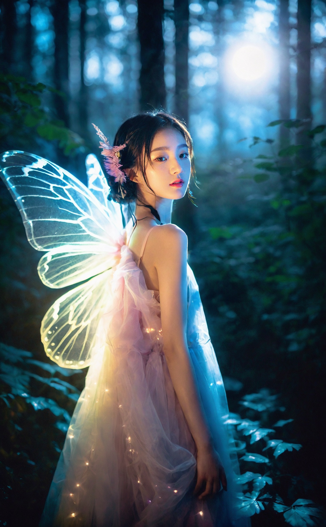 mugglelight,a girl with iridescent butterfly wings,bathed in the soft glow of a moonlit forest,enchanting atmosphere,magical expression,fantasy allure.,korean girl,black hair,
