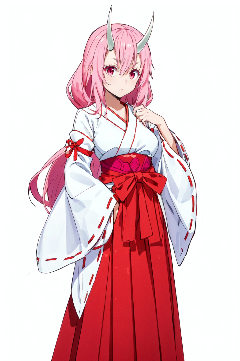 1girl,looking at viewer,solo,oni,horns,pink hair,long hair,hair between eyes,red eyes,pink eyes,miko,japanese clothes,red hakama,ribbon trim,ribbon-trimmed sleeves,hakama,white kimono,skirt,kimono,collarbone,wide sleeves,long sleeves,hakama skirt,red ribbon,breasts,ribbon,<lora:Shuna:0.8>,Shuna_CYQL,full_shot,beautiful face,beautiful eyes,glossy skin,shiny skin,white background,simple background,posing in front,masterpiece,best quality,beautiful and aesthetic,contrapposto,female focus,wallpaper,fashion,