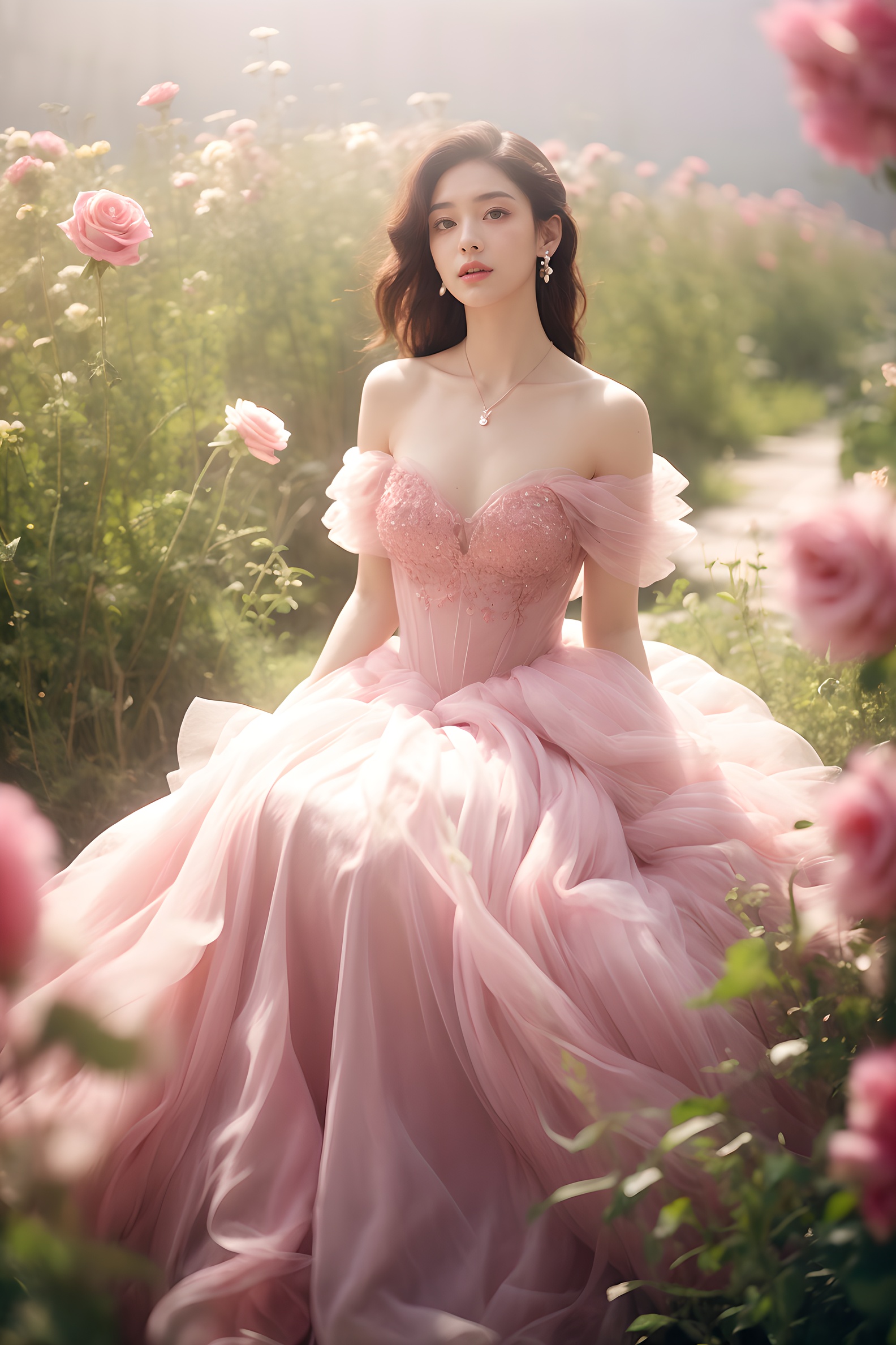 1girl, dress, flower, solo, brown hair, pink dress, sitting, rose, plant, long hair, blurry, bare shoulders, pink flower, jewelry, pink rose, necklace, depth of field, off-shoulder dress, parted lips, off shoulder, breasts, looking at viewer, collarbone, lips, vines, strapless, princess, strapless dress, blurry foreground, full body, earrings , <lora:wlqc_20230821082603:0.7>