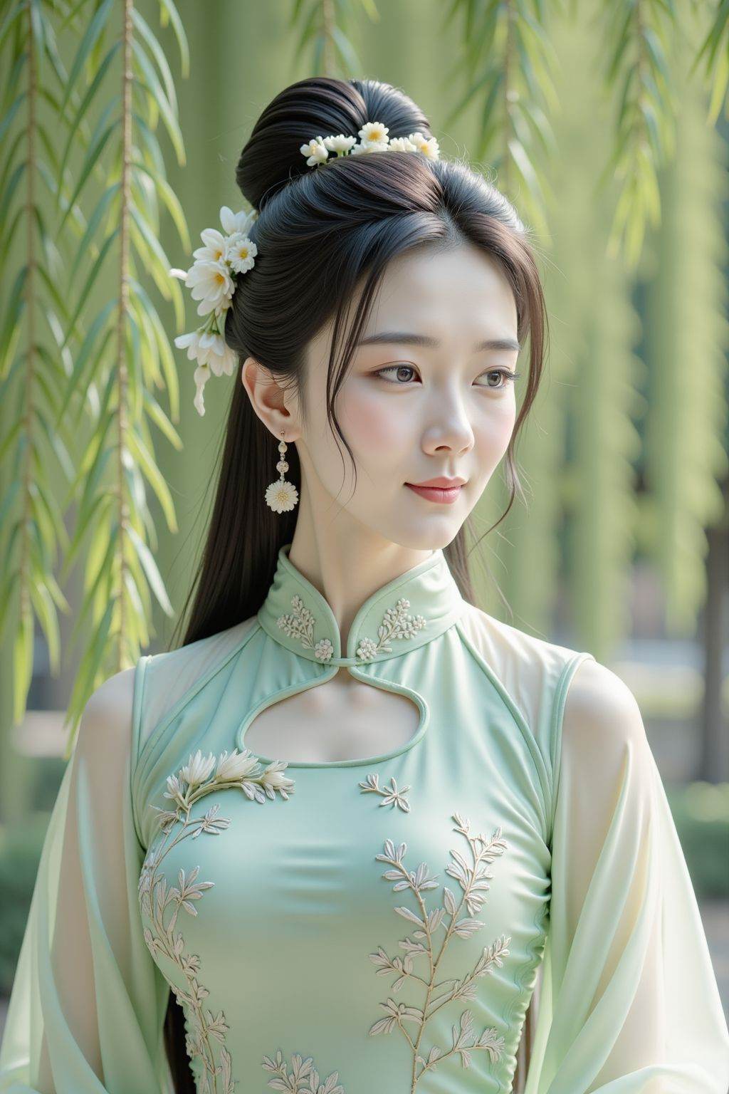 This is a photograph of a young woman with fair skin, long black hair styled in an elegant updo adorned with small white flowers. She wears a light green, intricately embroidered traditional Chinese cheongsam with sheer, flowing sleeves. Her expression is serene and contemplative as she gazes slightly to the right. The background features lush, green willow branches hanging down, creating a natural, serene atmosphere. The soft lighting enhances the ethereal quality of the scene. <lora:TinFlux1BrightSliderLora:1.5>