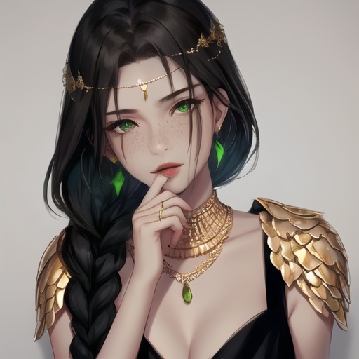 best quality,masterpiece,illustration,wallpaper,1girl, solo, breasts, long hair, jewelry, earrings, green eyes, freckles, crescent, black hair, cleavage, looking at viewer, black dress, artist name, necklace, braid, dress, bare shoulders, medium breasts, magatama earrings, red lips, sleeveless dress, sleeveless, upper body, lips, finger to mouth, hair over shoulder, facial mark, circlet, patreon username, head chain, nose, gold chain, bare arms, magatama, crescent earrings, closed mouth, hand to own mouth, parted lips, single braid, hand up<lora:风铃-000002:0.8>,, masterpiece, best quality,