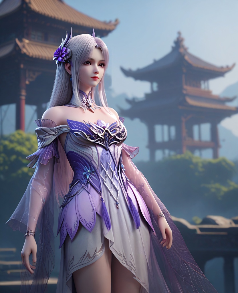 (oriental architecture, elegant decor, sophisticated style:1.1),(Parkour:1.1),looking at viewer,(breasts:1.2),<lora:XL16斗破苍穹斗尊小医仙:0.95>,miss xiaoyixian,purple bodice,white high-slit asymmetrical skirt,rufous eyes,sidelocks,white hair,hair ornament,long hair,jewelry,detached collar,see-through sleeves,bracelet,skirt see-through hem,anklet chain,high heels,, score_9,score_8_up,score_7_up,score_6_up,score_5_up,score_4_up,3d rendering,tag1,tag2, Cinematic Lighting,backlighting,, zPDXL3, zPDXL2,zPDXL, zPDXLxxx, zPDXLrl,