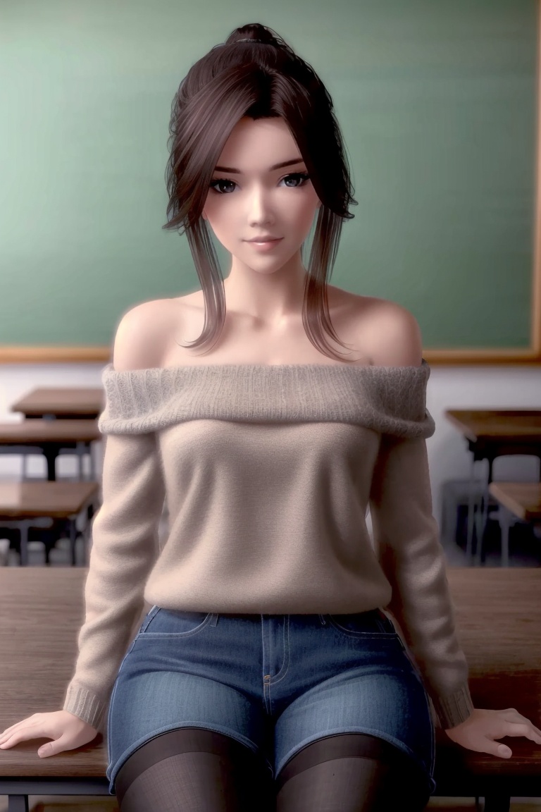 ((HRD, HUD, 8K)),((masterpiece, best quality)), highly detailed, soft light,1girl, solo, black hair, brown hair, long hair, ponytail, lips, black eyes, (off-shoulder sweater:1.2), denim shorts, black pantyhose, blurry background, classroom, chalkboard, sitting, cowboy shot, looking at viewer, <lora:20240504-1714817809601:0.7>