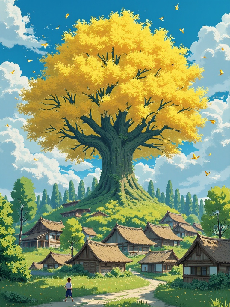 mlzhiyu,A stunning digital painting of a large, golden tree in the middle of a small village. The tree is surrounded by lush greenery, with a few birds flying around it. The sky is a bright blue with fluffy white clouds. The village below is made up of traditional Japanese wooden houses with shingled roofs. The leaves on the tree are a vibrant yellow, adding a pop of color to the scene. The style is realistic with a touch of fantasy. The overall effect is one of serenity and tranquility.<lora:f-治愈系插画v1.3:1>
