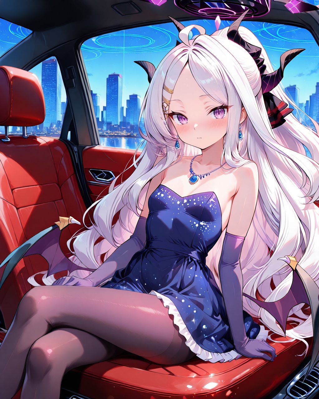 Hina (Blue Archive),O,Hina \(Blue Archive\), 1girl, hina, (blue archive), solo, long hair, dress, pantyhose, gloves, breasts, white hair, looking at viewer, elbow gloves, hair ornament, purple eyes, jewelry, sitting, horns, bare shoulders, small breasts, crossed legs, hairclip, halo, car interior, bangs, parted bangs, ground vehicle, very long hair, blue dress, blush, necklace, purple gloves, ahoge, motor vehicle, car, strapless, earrings, brown pantyhose, closed mouth, purple dress, strapless dress, black pantyhose, sidelocks, frills, frilled dress, skyscraper, cityscape, multiple horns, demon horns, wings, collarbone, feet out of frame, ponytail, short dress,(UHD),anatomically correct,accurate,textured skin,super detail,high details,award winning,best quality,high quality,retina,HD,16k,1080P,