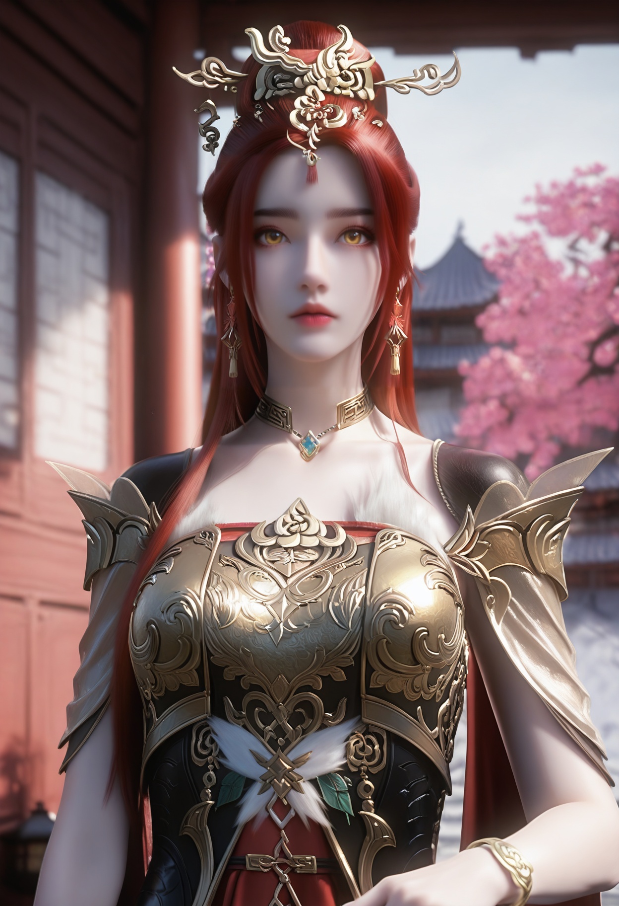 Manzhu_shahua,1girl,jewelry,red hair,earrings,long hair,hair ornament,blurry background,yellow eyes,bracelet,necklace,<lora:Manzhu_shahua_10_illu-000004:0.75>,red dress,cape,chinese clothes,armor,photorealistic,hyperrealistic,<lora:realistic filter [IL]:1>,(pale skin:1.2),looking at viewer,standing,(upper body:1.2),close up,head shot,lantern,open window,looking at viewer,indoors,mountains,blossoms,flowers,east asian architecture,beautiful sunrise,warm ambient temperature,
