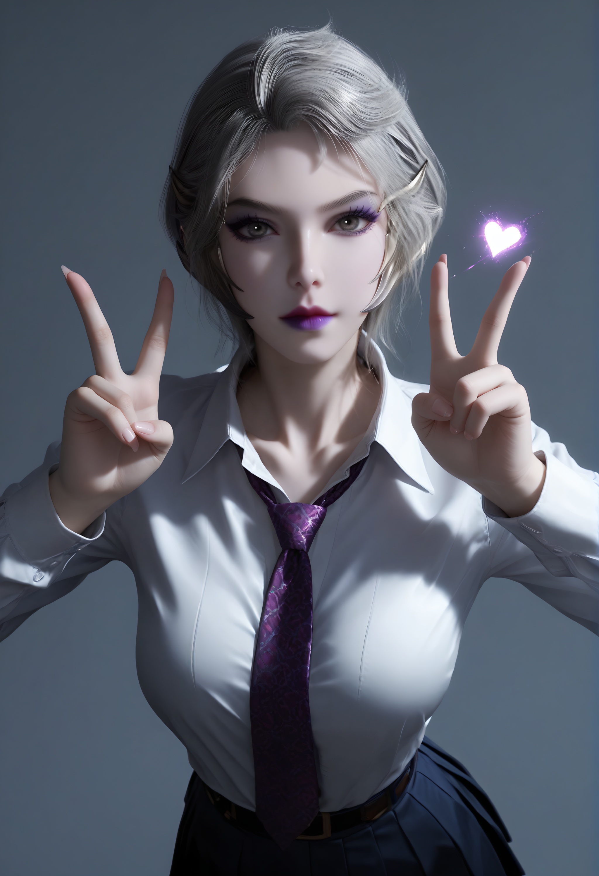 (score_9),<lora:九皇女-apony-000009:0.82>,jhn,1girl,solo,short hair,grey hair,purple lips,eyeshadow,makeup,school_uniform,skirt,necktie,v-neck,<lora:perfect eyes_v1:0.8>,light blush,Expressiveh,<lora:Expressive_H-000001:0.8>,collarbone,(glamor:1.2),curvy,BREAKlooking at viewer,selfie,(double v),closed mouth,<lora:e肤色滑块:0.5>,fair_skin,(pale_skin),(white skin),<lora:e色温:0.35>,light skin,BREAKsimple background,grey background,ultra-detailed skin texture,detailed textures,4K ultra HD,sharp focus,high detail,natural lighting,high contrast,hearts,<lora:SDS-XL泛光调节器_v1.0:1>,Volumetric Lighting,Tyndall effect,