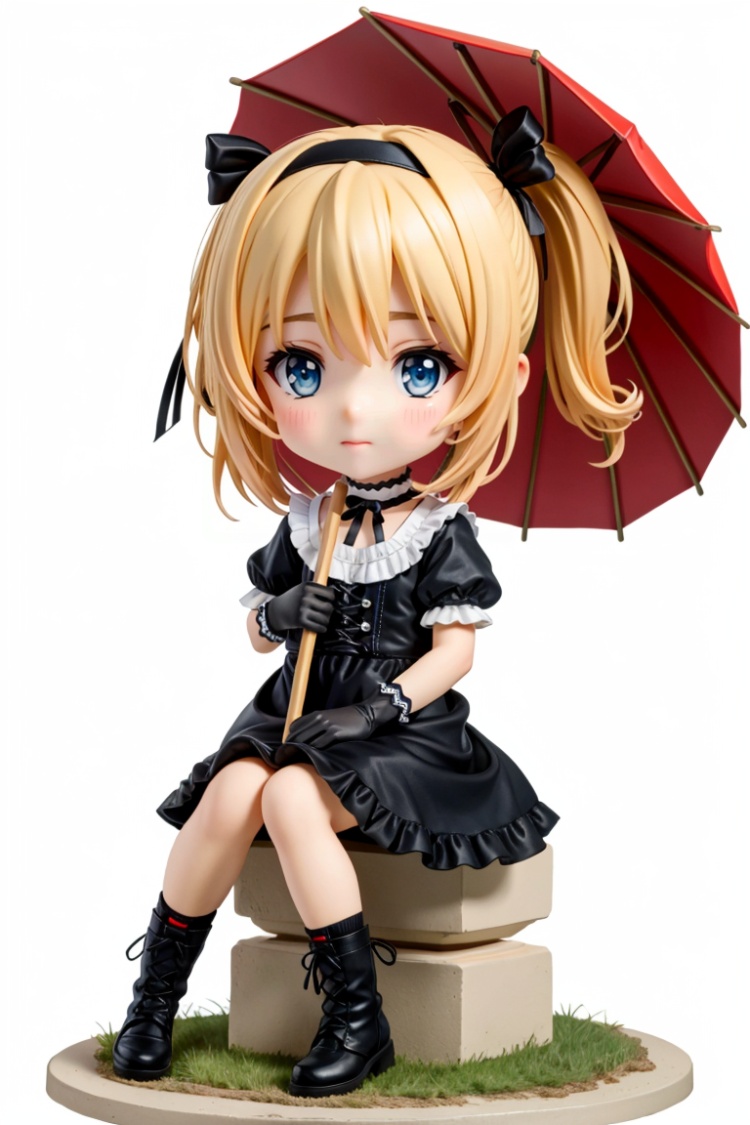 ((HRD, HUD, 8K)),((masterpiece, best quality)), highly detailed, soft light,chibi, big eyes, big head, 1girl, blonde hair, umbrella, choker, ribbon, solo, black choker, gloves, hairband, sitting, side ponytail, blue eyes, short hair, leg ribbon, hair ribbon, single glove, boots, tress ribbon, full body, looking at viewer, dress, simple background, white background,