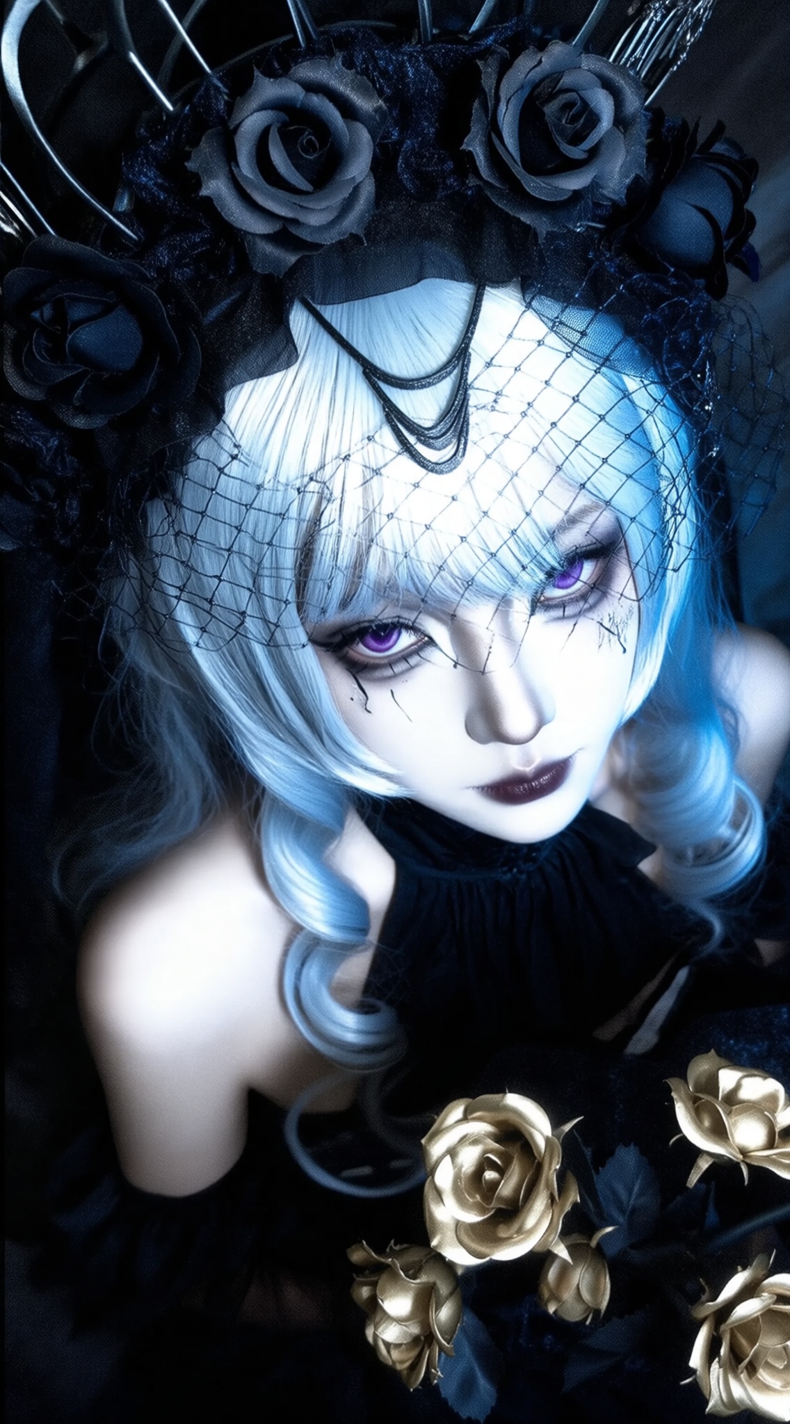 a photo-realistic, gothic portrait of a young woman with pale skin and blue hair, wearing a black headpiece adorned with black roses and a birdcage veil, the woman, who appears to be in her early twenties, is positioned in the middle of the image, looking directly at the viewer with a serious expression, her eyes are a striking purple color, and she has long, wavy silver hair that falls down her back, she is wearing a dark, off-the-shoulder black dress with a high neckline, and her bare shoulders are visible, the background is dark and moody, with a focus on the womans face and the intricate details of her headpiece and veil, in front of her, there are gold roses, adding a touch of elegance to the image, the overall effect is one of dark and mysterious ambiance, with the woman appearing to be surrounded by flowers, creating a sense of depth and dimensionality,, Negative prompt: ng_deepnegative_v1_75t,(badhandv4:1.2),EasyNegative,(worst quality:2),,nsfw, Steps: 30, Sampler: Euler, CFG scale: 6.0, Seed: 3830246745, Size: 1142x2048, Model hash: 98763a1277, Model: Qwen-Image_1.0.safetensors, Denoising strength: 0, RNG: CPU, Lora 1: ZOZ_湿润特效, Lora Hash 1: 36836624eb, Lora Weight 1: 0.8, vae_name: automatic