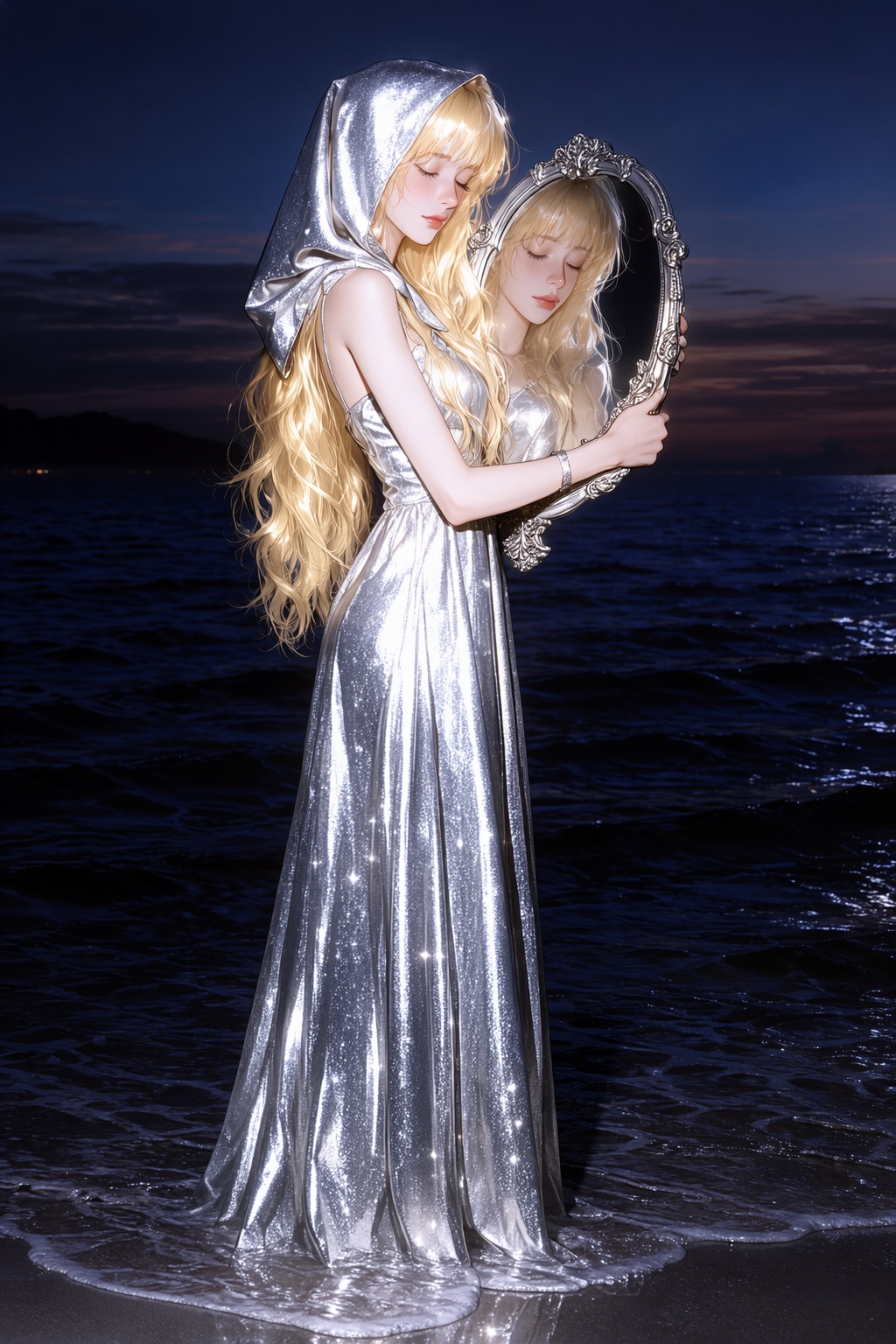 Cyaniji. A full-body shot of a woman with long,  wavy blonde hair and short bangs,  standing at the edge of the sea at dus...