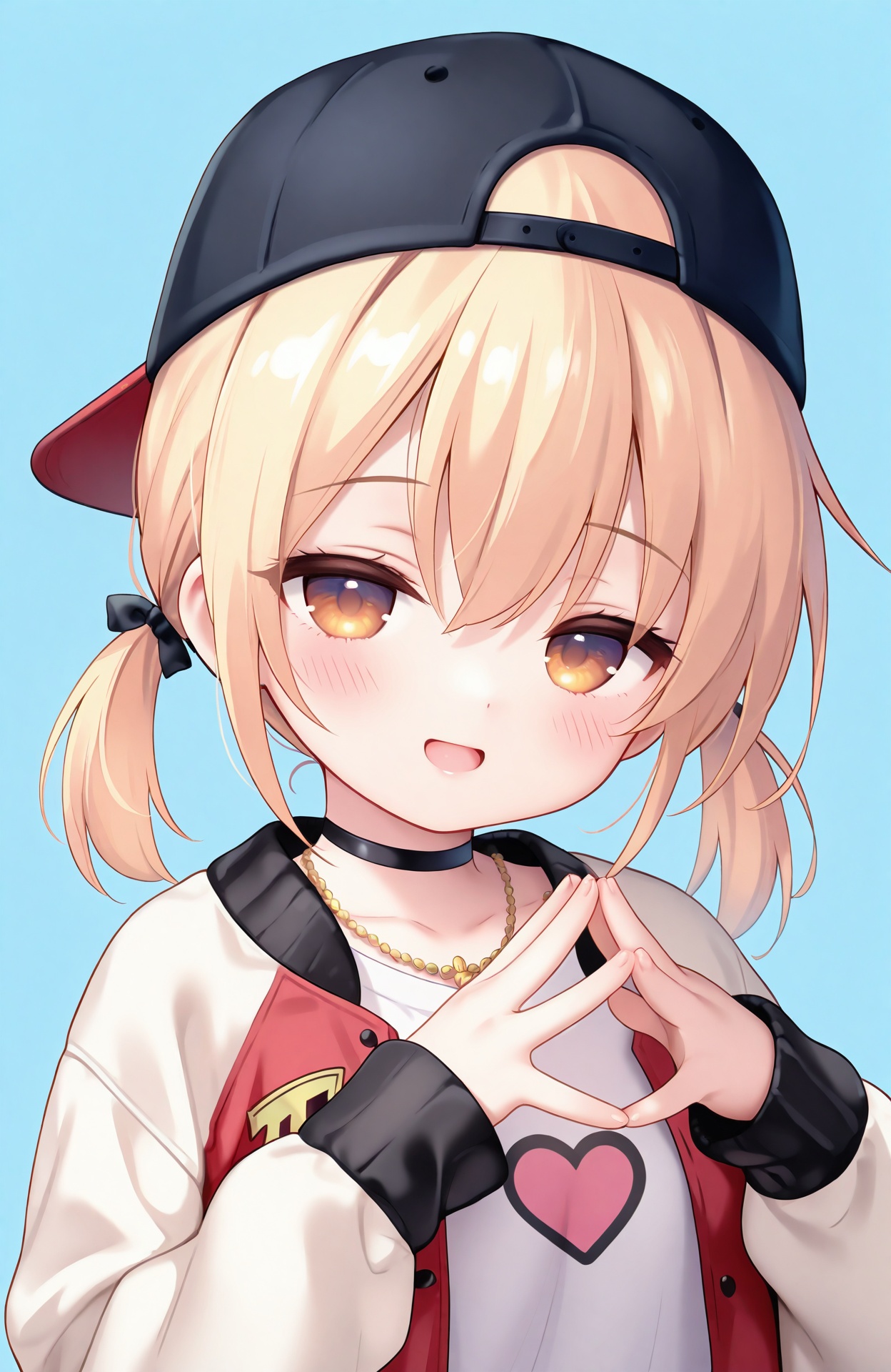 masterpiece,absurdres,best quality,petite,high quality,chromatic_aberration,loli,//,1girl,solo,baseball cap,hat,backwards hat,choker,jacket,smile,open mouth,twintails,long sleeves,looking at viewer,shirt,simple background,short twintails,black choker,upper body,blush,heart,letterman jacket,steepled fingers,brown eyes,blue background,jewelry,hair between eyes,twitter username,open clothes,short hair,\:d,open jacket,necklace,blonde hair,yellow eyes,white shirt,