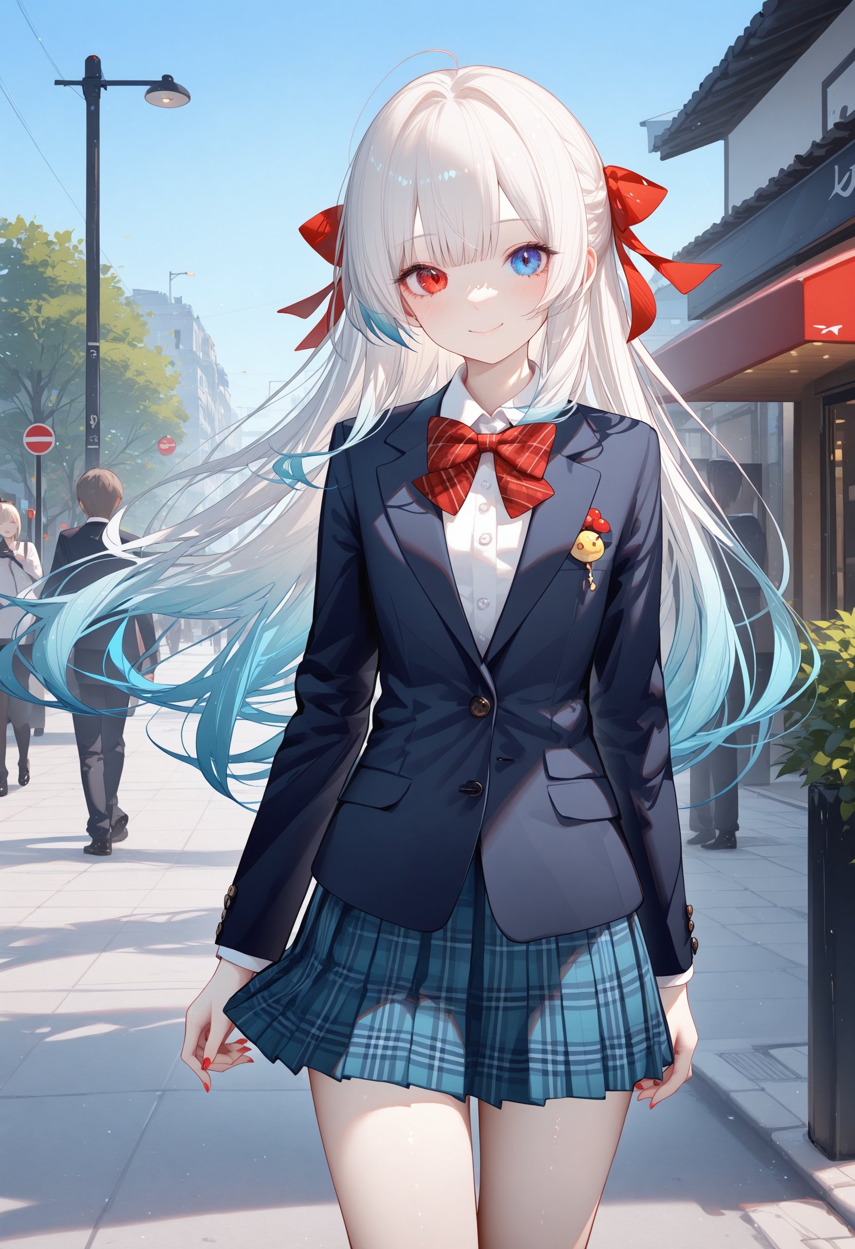 1girl,solo,tender sister,yuri,long hair,gradient hair,disheveled hair,heterochromia<(red eye, blue eye)>,smile,white shirt,plaid skirt,pleated skirt,bow tie,tailored suit,suit jacket,open clothes,open jacket,closed mouth,hair ribbon,miniskirt,looking at viewer,standing,solo focus,cowboy shot,outdoors,BREAK fine fabric emphasis,best quality,masterpiece,best quality,amazing quality,very aesthetic,absurdres,best quality,amazing quality,very aesthetic,absurdres,Highly detailed,best quality,masterpiece,Highly detailed,<lora:珊瑚鲨XL:1>,