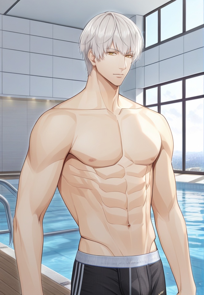 (best quality), ((masterpiece)), (highres), illustration, original, extremely detailed,   <lora:光与夜之恋同人人物篇:0.7>qsl, 1boy, male focus, solo, male underwear, muscular, white hair, black male underwear, yellow eyes, pectorals, underwear, muscular male, short hair, looking at viewer, pool, abs, grey hair