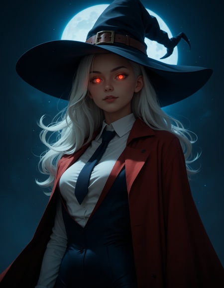 score_9, score_8_up, score_7_up,score_6_up, score_5_up, highly detail,1girl, looking at the viewer, white long hair, glowing eyes, magic, Witch Hat, Witch, red coat, shirt with tie,